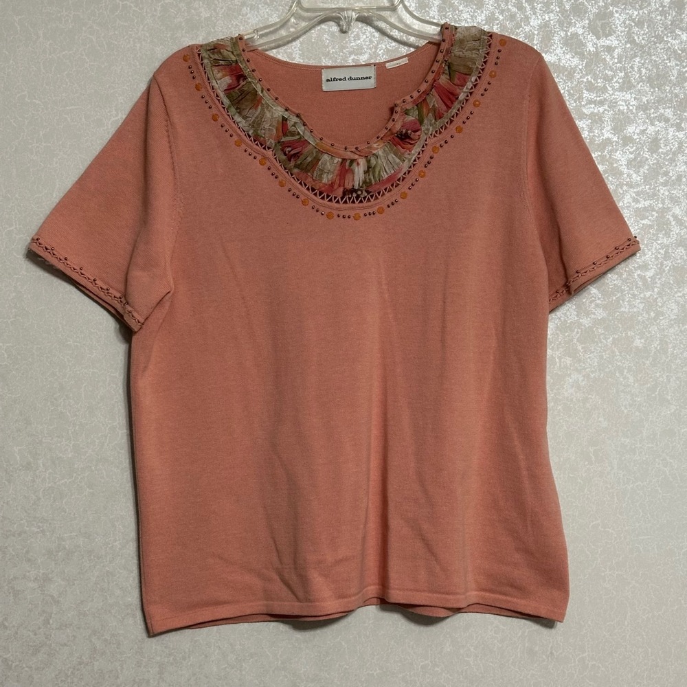 Alfred Dunner Embellished Floral Trim Short Sleeve Knit Top Coral Pink L